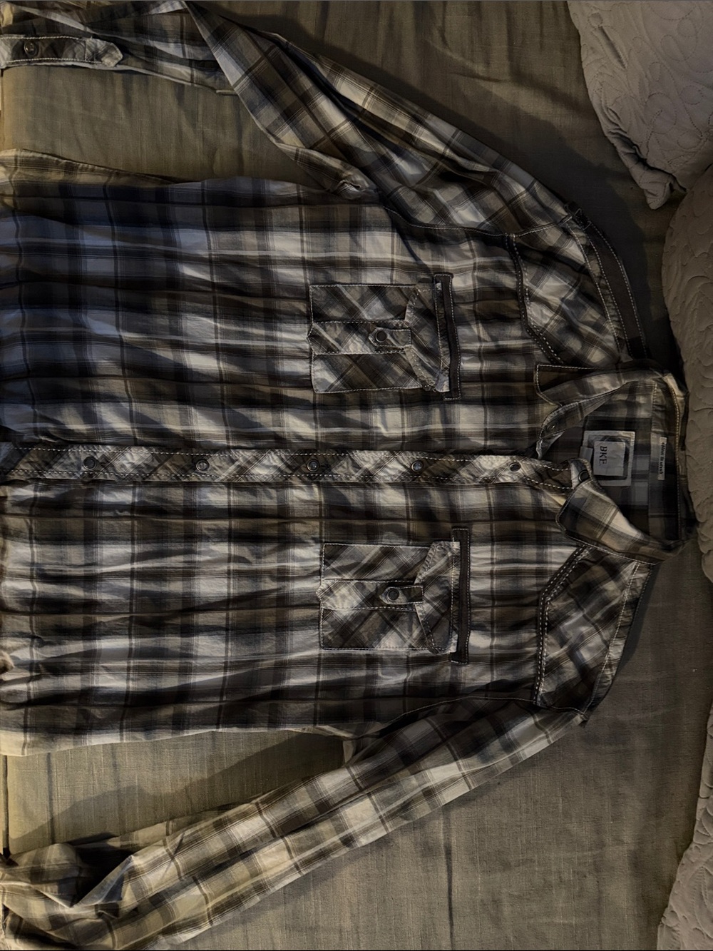 BKE Men's Plaid Dress Shirt in Gray, Black & White